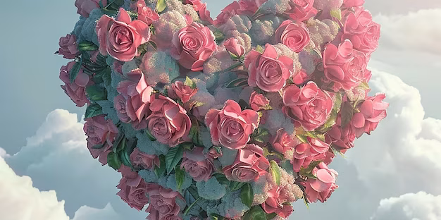 A heart in the sky made out of pink roses.
